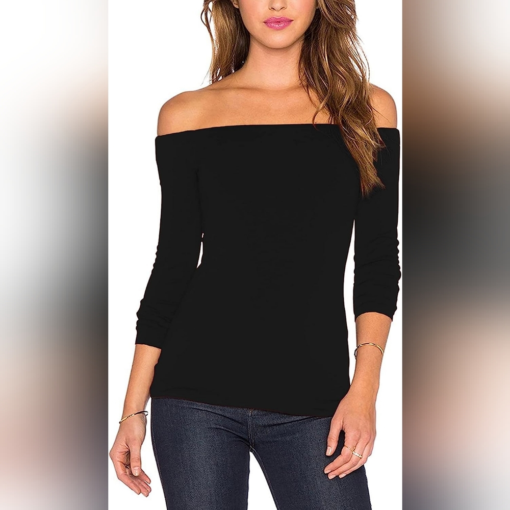 NEW Black Sexy Off The Shoulder Top Long Sleeve Slim Fit Stretchy Size L